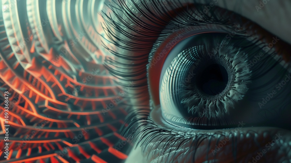 Aufkleber human eye with grey iris against abstract pattern closeup image. surreal composition with eyeball an