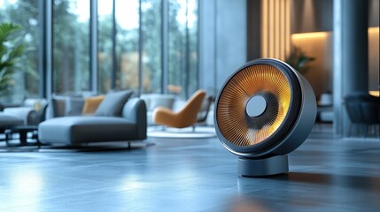 A modern room featuring a stylish fan, designed for comfort and aesthetics.