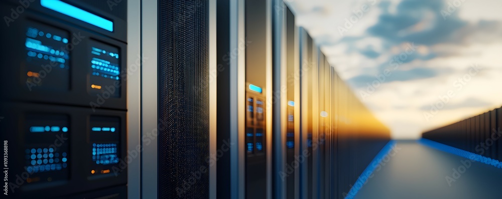 Poster advanced energy battery storage modules with digital interfaces in a modern server room - emphasizin