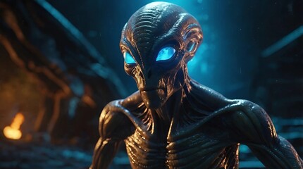 Alien with blue eyes close up