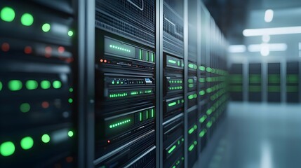 Naklejka premium Futuristic Lithium-Ion Battery Storage System - Efficient Energy Solutions in a Modern Server Room with Bright Green LED Indicators