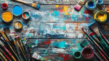Fototapeta premium A flat lay view of painting tools against a wooden background includes paintbrushes, rollers, paints and various accessories. 