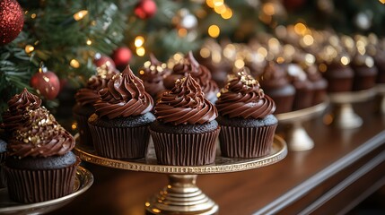 Chocolate cupcakes aligned neatly on a dessert table styled with festive toppers and glowing holiday decor