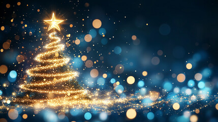 Weihnachtskarte in blau mit einem grafischen Tannenbaum in gold, Weihnachtsstimmung mit einem goldenen Christbaum auf blauen Hintergrund