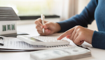Fototapeta premium close up young woman hand press on calculator to check and summary expense of home loan mortgage for refinance plan , people lifestyle concept 