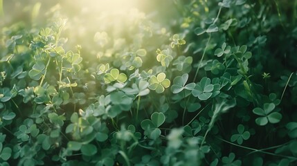 A close-up view of lush green clover leaves illuminated by soft sunlight.