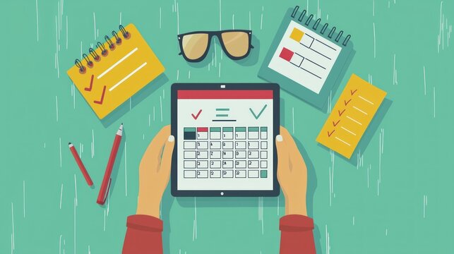 Minimal 2D Flat Style Illustration of Person Using Tablet Surrounded by Notepads and Sunglasses, Capturing the Concept of Productivity and Organization