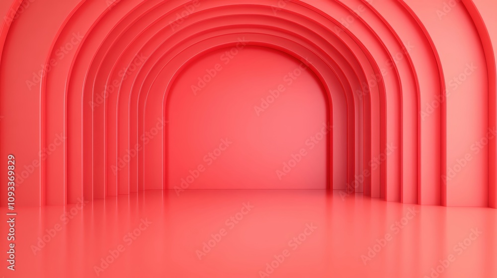 Poster a vibrant red abstract archway design with a reflective floor in a modern setting.