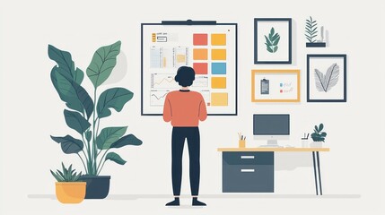 Fototapeta premium Flat Illustration of a Person Analyzing Colorful Charts and Data on a Wall with Indoor Plants and a Desk Setup for a Professional Environment