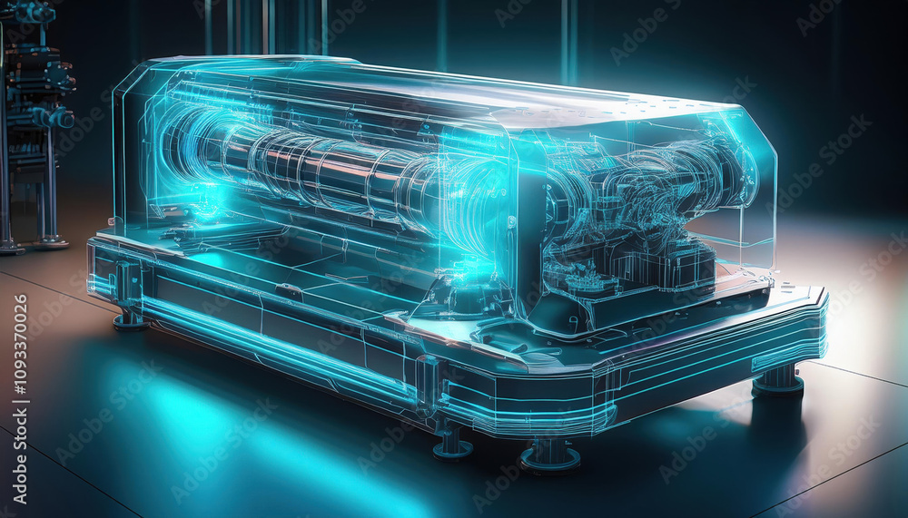 Poster detailed 3d sketch of futuristic wrapping machine with holographic elements, showcasing intricate me