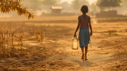 A Photography of a poor girl carrying a water container. Symbolising Child Poverty and the increasing Global Water Crisis.