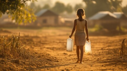 A Photography of a poor girl carrying a water container. Symbolising Child Poverty and the increasing Global Water Crisis.