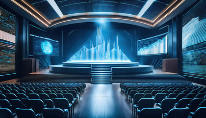 Naklejka premium Futuristic auditorium with podium surrounded by holographic charts and graphs, creating high tech atmosphere