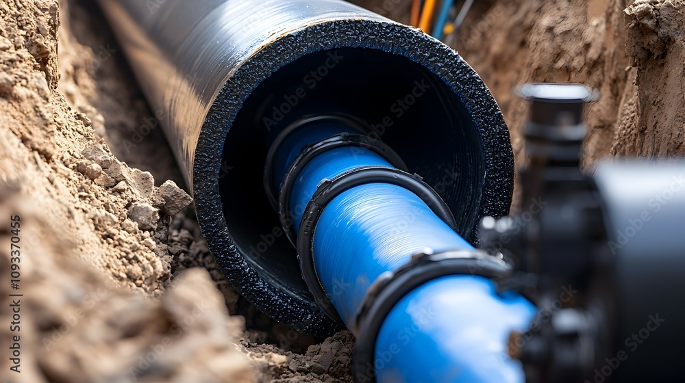 Poster advanced pipe relining technique - close-up of liner placement in damaged pipe with clean industrial