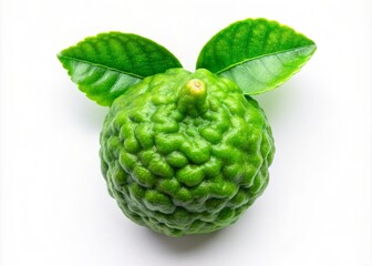 Bright Green Kaffir Lime Top View with Fresh Leaves, Juicy Citrus Fruit Ideal for Culinary, Aromatherapy, and Health Uses, Showcasing Textured Skin