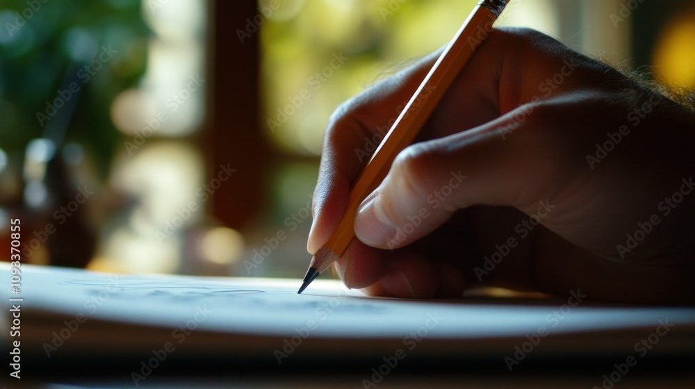 Poster A Close-up of a Hand Writing on a Notebook with a Pencil