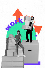 Vertical photo collage of two happy girl guy shipment box retail delivery service workers...