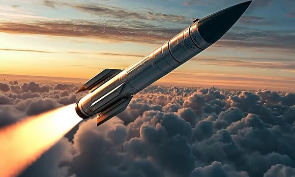 Long-range ballistic missile with a tail flame flying in the sky, viewed from a low angle. Weapon of war