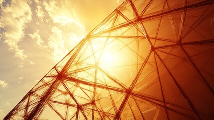 Fototapeta premium Amidst the sun's golden rays, the skeletal framework of a steel structure rises towards the heavens. 