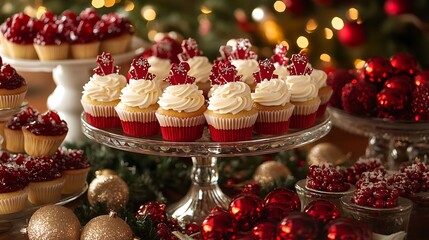 Festive dessert table setup featuring cupcakes with Christmas toppers surrounded by tinsel and holiday accents
