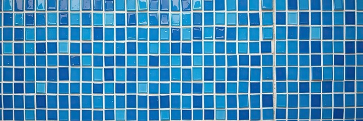 A mosaic wall of small blue tiles with white accents, reflecting a subtle sheen as water droplets glisten on its surface, blue wall, water droplets, tile mosaic