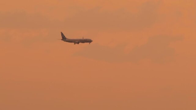 Jet airplane approaching landing against the backdrop of a beautiful golden sunset, long shot, side view