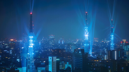 Dynamic 5G network towers with radiant blue lights above a glowing futuristic cityscape