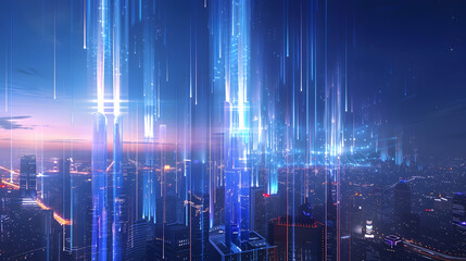 Detailed 5G towers with pulsing blue lights shining above a futuristic city skyline