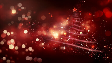 Fototapeta premium Weihnachtskarte in rot mit einem grafischen Tannenbaum in rot gold, Weihnachtsstimmung mit einem goldenen Christbaum auf rotem Hintergrund