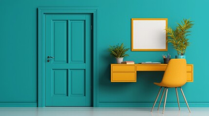 Teal room with yellow desk, chair, plants, and door.