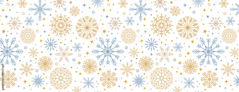 Poster Christmas background with gold snowflakes and stars seamless pattern. Snowflakes with different intricate details. Retro textile ornament. Vector