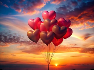 Obraz premium Romantic Silhouette of Heart-Shaped Balloons Against a Stunning Gradient Sky at Sunset, Capturing a Dreamy and Whimsical Atmosphere