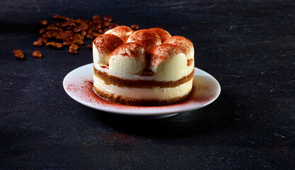 Tiramisu auf weissem Teller mit Kaffeebohnen auf Schieferplatte, dessert, kakao, 