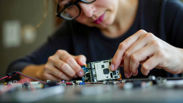 Focused engineer assembling circuit board with precision and care