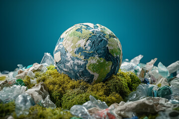 Fototapeta premium A miniature Earth surrounded by vibrant flowers and plastic waste on a mossy mound under a bright blue sky