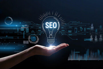 Mano que simula sostener una lámpara tecnológica en su mano. Concepto SEO.  Generado con IA