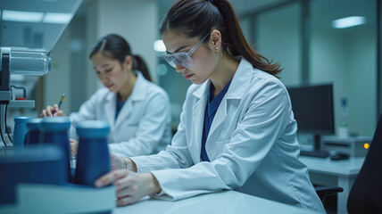 Focused scientists conducting research in modern laboratory setting