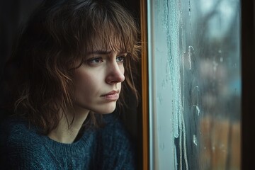 Pensive woman by rainy window, reflecting mood
