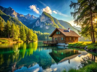 Serene Wooden House by a Tranquil Lake Surrounded by Majestic Mountains Under a Clear Blue Sky and Vibrant Greenery Creating an Idyllic Landscape