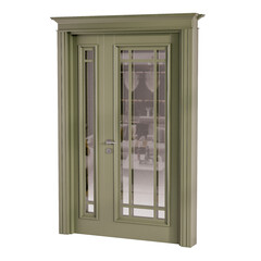 A large green door with a glass window in the middle