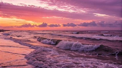 Fototapeta premium A sunset over the ocean with wavy pink waters and purple waves crashing against the shore, serene, twilight, ocean