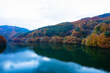 夕刻のもみじ湖の秋