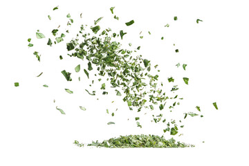 A sprinkle of herbs gracefully falling from mid-air onto a clean white surface.