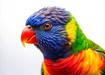 Naklejka premium Vibrant Rainbow Lorikeet Portrait on White Background Showcasing Colorful Feathers and Distinctive Characteristics of This Beautiful Parrot Species