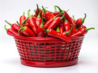 Bright Red Chillies in a Plastic Basket on a White Background Showcasing Freshness and Vibrant Color Ideal for Culinary and Food Photography