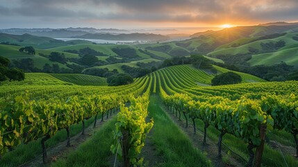 Naklejka premium Lush vineyard landscape at sunset with rows of grapevines and rolling hills.