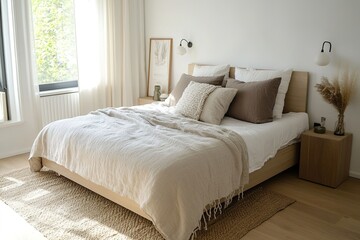 Obraz premium Sunny modern bedroom with neat, cozy bed
