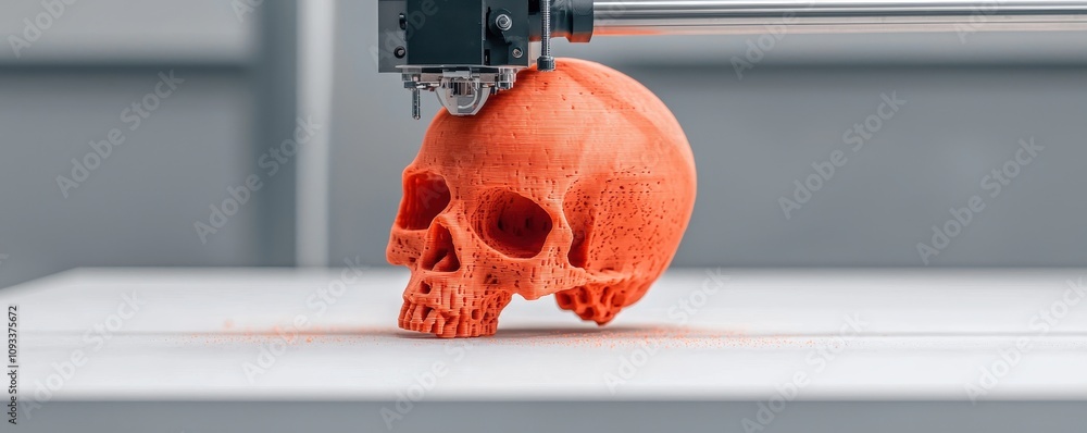 Poster a vibrant orange skull model is being printed by a 3d printer, showcasing the technology's capabilit