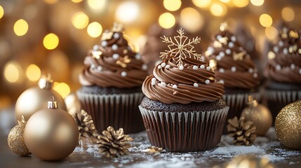 Chocolate cupcakes topped with Christmas designs in a cozy dessert table setup styled with warm golden lighting