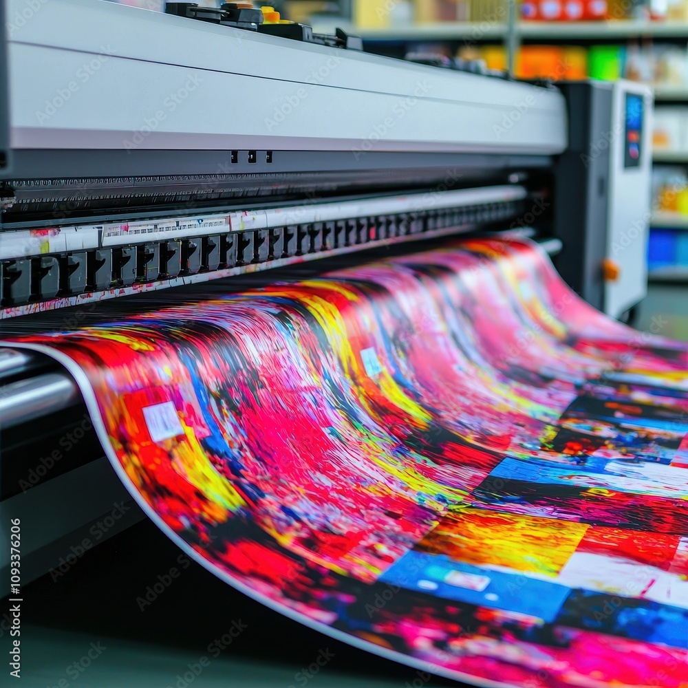 Poster a vibrant digital printer producing colorful, large-format prints on a roll, showcasing a dynamic ab